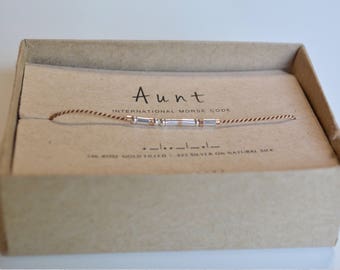 Aunt Gift | Aunt Bracelet | Morse Code Announcement Bracelet | Tan Silver and Rose Gold String Auntie Bracelet | Morse Code Aunt Bracelet
