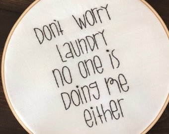 Doing laundry embroidered hoop art wall hanging
