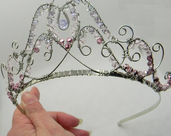 Bridal wedding tiara silvertone pink and lavender