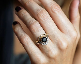 Engagement Ring Set, Diamond Ring, Alternative Wedding, Bridal Set, Unique Ring, Diamond Jewelry, Black Diamond, Matching Ring Set, 14k Gold