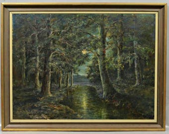 William Savery Bucklin (American, 1851-1928) Oil on canvas Painting "Moonlit Forest" Circa 1890's, Signed, Landscape painting, Framed art