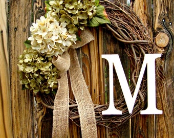 Green and Cream Hydrangea Wreath, wreath with Monogram, Wreath, door wreath, fall wreath, Year Round Wreath, Initial Wreath , Wreaths