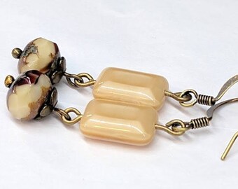 Cream Glass Bead Earrings, Dangle Drop Earrings, Czech Glass Beads, Antique Bronze Earrings, Boho Chic Jewelry, Unique Gift For Her
