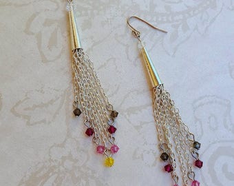 Silver Chain Swarovski Crystal Yellow Pink Garnet Smoke Clear Dangle Earrings - READY TO SHIP - Bella Mia Beads