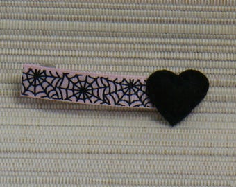 Pink Barrette with spider webs and black heart