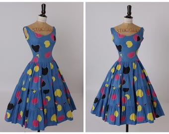 Vintage original 1950s 50s novelty spot print tiered cotton dress UK 6 US 2 XS