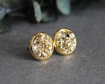 Gold Stud Earrings, Gold Earrings, Gold Druzy Earrings, Gold Post Earrings, Gold Glitter Earrings, Small Gold Earrings, Gold Druzy Studs