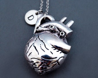 Large Human heart necklace, Human heart charm, Anatomy charm, Anatomy necklace, steampunk, steam punk, initial necklace, monogram