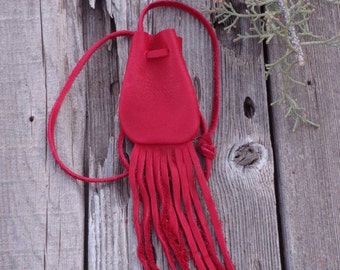 Red medicine bag , Leather necklace bag , Ready to ship , Red leather medicine bag with fringe