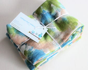 Hand Dyed Kitchen Towels - Flour Sack Tea Towel Set of 2 - Tie Dyed Dish Towels Blue Light Powder Avocado Olive Green Tan Cream Beige White