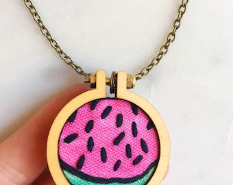 Watermelon Embroidery Hoop Necklace Watermelon Pendant Embroidered Necklace Embroidered Pendant Gift for Her