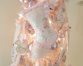Vintage Shabby Chic Pink Lace Christmas Stocking Lavender Sachet Stocking Ornament Pink Christmas Boy With Song Book and Roses