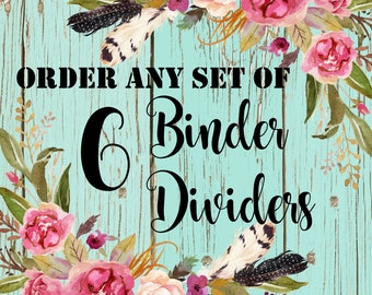 6 Recipe Binder Dividers / 8.5 x 11 Dividers / Custom Recipe Binder Dividers / 3 Ring Binder Dividers / Rustic Dividers / Modern Dividers