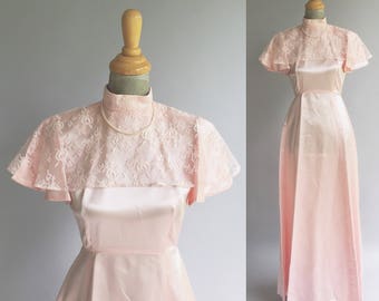 Vintage Light Pink Lace Draped Shoulder Satin Maxi Gown Dress (Size Small)