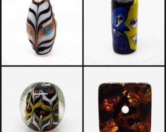 Four Colorful Focal Beads, Ceramic, Glass, & Amber Beads, Drilled Lengthwise, Oval, Cylinder, Barrel and Cube Shapes
