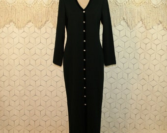 90s Long Sleeve Winter Dress Black Sweater Dress Knit Maxi Fitted Dress Velvet Trim 1990s Womens Dresses Medium Large Vintage Clothing