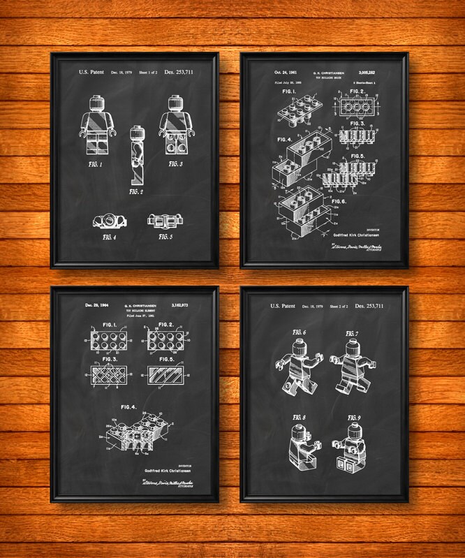 SET of 4 LEGO Art Posters Vintage Patent Illustration Art