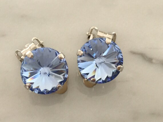 Light Sapphire Swarovski Crystal Clip On Earrings, Silver