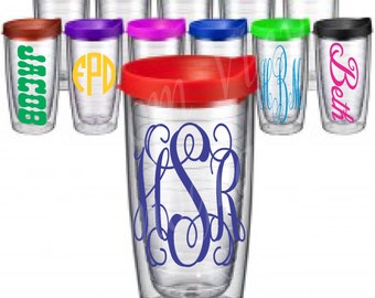 Monogrammed 16 oz Double Wall Insulated Clear Acrylic Tumbler With Colored Lid / Monogrammed Tumbler / Personalized Cup / Monogrammed Cup