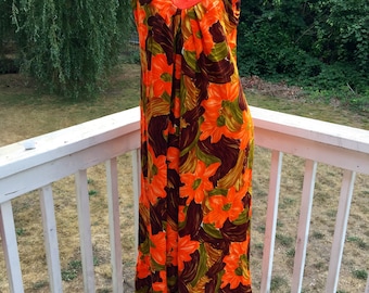 Vintage Resort Wear Barkcloth Hawaiian Casuals Stan Hicks Orange Brown Floral Tropical Beach Aloha Luau Muu Muu Dress