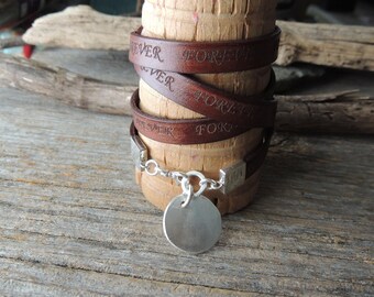 Leather Cuff Bracelet, Wrap Bracelet, Large Silver Disk, Artisan Jewelry, Stamped Leather, Forever Jewelry, Personalized Jewelry, Rustic