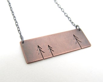 Rectangle Copper Three Pine Trees Tree Art pendant - made to order