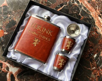 Game of Thrones "I Drink and I Know Things" Laser Engraved - 7oz Hip Flask Box Set with Shot Glasses