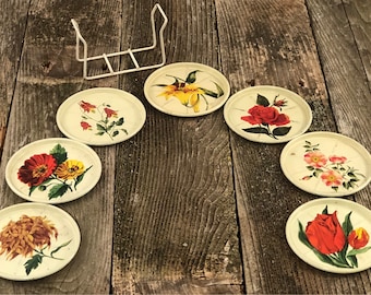 Tin Floral Coasters with Holder Set of 7