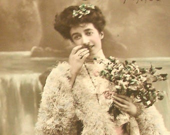 Antique French postcard, Lady with mistletoe, RPPC real photo postcard, paper ephemera.