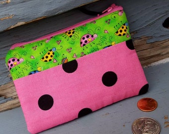 Ladybug Coin Purse, Girls Zipper Wallet, Ear Bud Pouch, Change Purse, Polka Dot Coin Purse, Pink Coin Purse, Ear Bud Pouch, Kids Coin Pouch