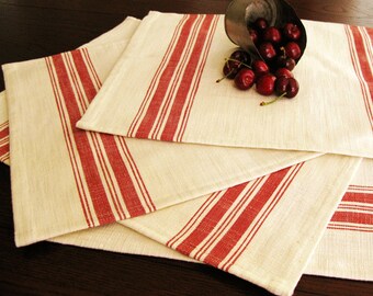 Farmhouse Grain Sack Placemats - Grainsack Placemats - Natural and Red Stripe