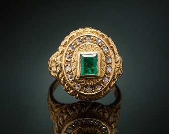 Genuine Edwardian rare natural emerald and diamond poison locket ring