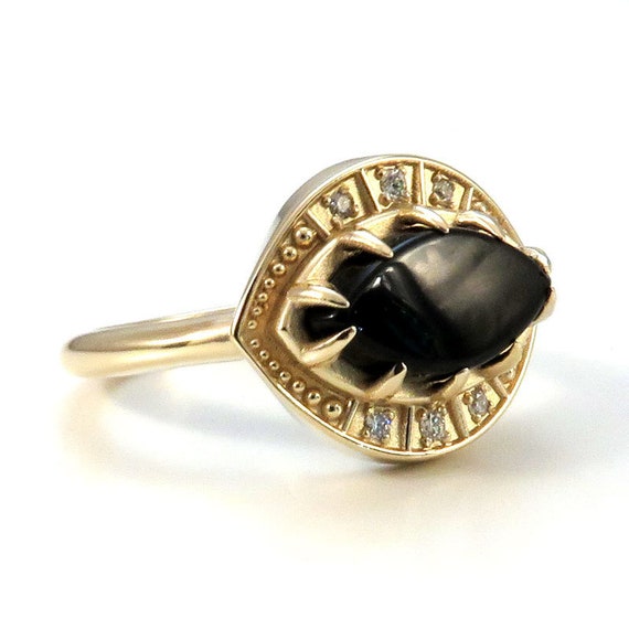 Marquise Onyx and Diamond Engagement Ring - Evil Eye Third Eye 14k Yellow Gold