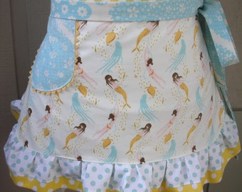 Womens Aprons - Mermaid Aprons - MENDOCINO Aprons - Aqua Octopus and Sea Turtle Aprons - Annies Attic Aprons - Under The Sea Mermaid Aprons