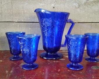 Water pitcher & tumbler set cobalt blue glass
