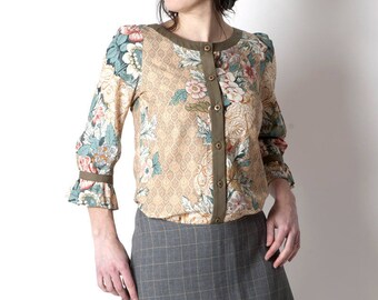 Floral cotton shirt, Khaki teal and orange patterned button down shirt, Womens floral shirt, Womens clothing, Fall fashion, MALAM, size UK10