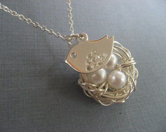 Mothers Day Pendant, Mama Bird Necklace, Silver Bird Nest Pendant, Silver Necklace
