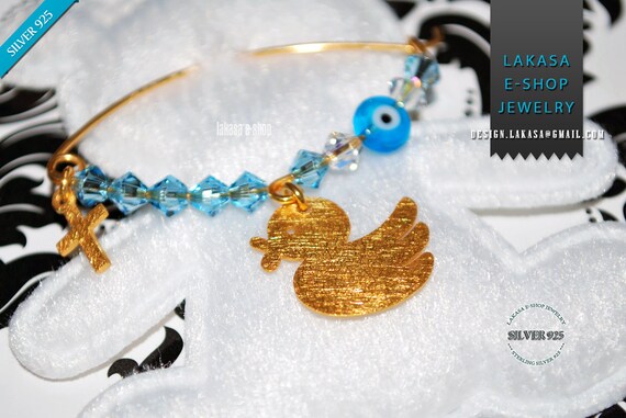 Happy Duck Baby Boy Brooch Sterling Silver Gold plated Cross Swarovski Crystals Jewelry Best idea Gift Baptism Christening Birthday Mother