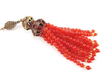 Large Long Orange Jade Stone Beaded Tassel with Red Crystal Accents - Antique Bronze - 1PC