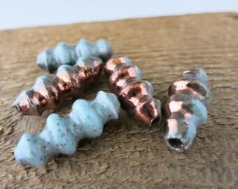 5 Mykonos Frosted Copper Raku Corkscrew Spiral Beads, 10x20mm Ceramic Bead with Copper Oxide finish, Made in Greece, MRK21259