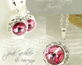 Pink Crystal Necklace and Earrings, Rose Swarovski Crystal Jewelry Set, Bridesmaid Gift, Handmade Spring Wedding, October Birthday Christmas