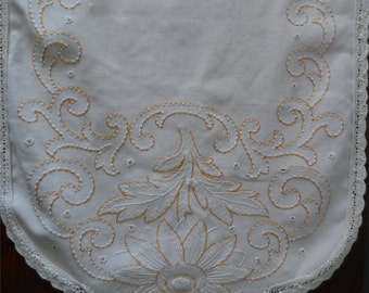 FREE SHIPPING USA Ecru Cotton Dresser Scarf Table Runner Dark Gold Hand Embroidery White Candlewicking Hand Crocheted Cotton Edging 940