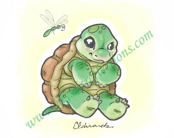 Baby Turtle and Dragonfly Myxie Pal Art Print