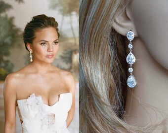 Rhodium or Rose Gold Dramatic Celebrity Inspired Luxe Cubic Zirconia CZ Triple Drop Dangle Bridal Earrings, Bridal, Wedding (Sparkle-2756)