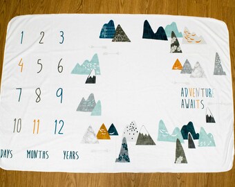 Adventure Awaits Baby Milestone Blanket, Max Mountains Monthly Milestone Blanket, Newborn Photo Prop, Adventurer Monthly Baby Blanket