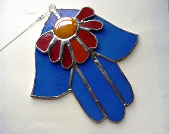 Blue Flower Hamsa - Stained Glass Suncatcher in Red, Blue, Orange