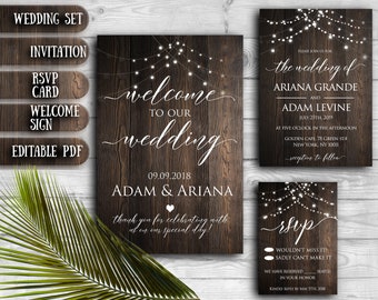Rustic Wood Wedding Invitation SET Editable Printable Invitations PDF template