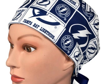Women's Adjustable Fold-Up Pixie Surgical Scrub Hat Cap made of Tampa Bay lightning fabric