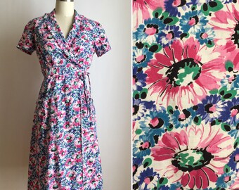 1940s cotton dress S ~ vintage 40s floral wrap dress