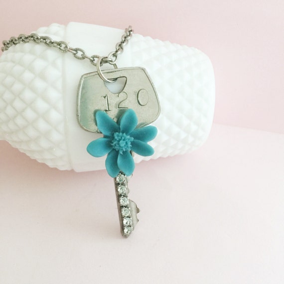 Vintage Flower Key Necklace Repurposed Rhinestone Glamour